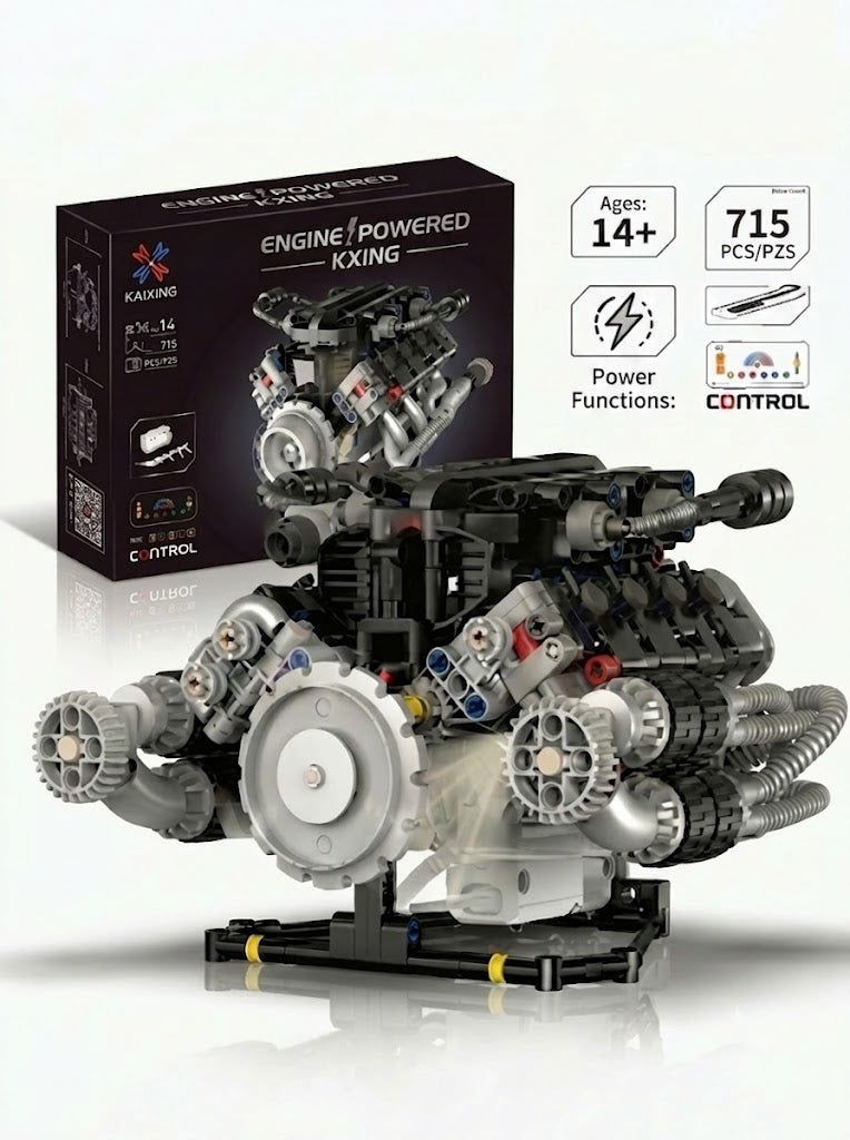 Kaixing motorized mechanical V8 engine building block model kit with 715 pieces and power functions control.