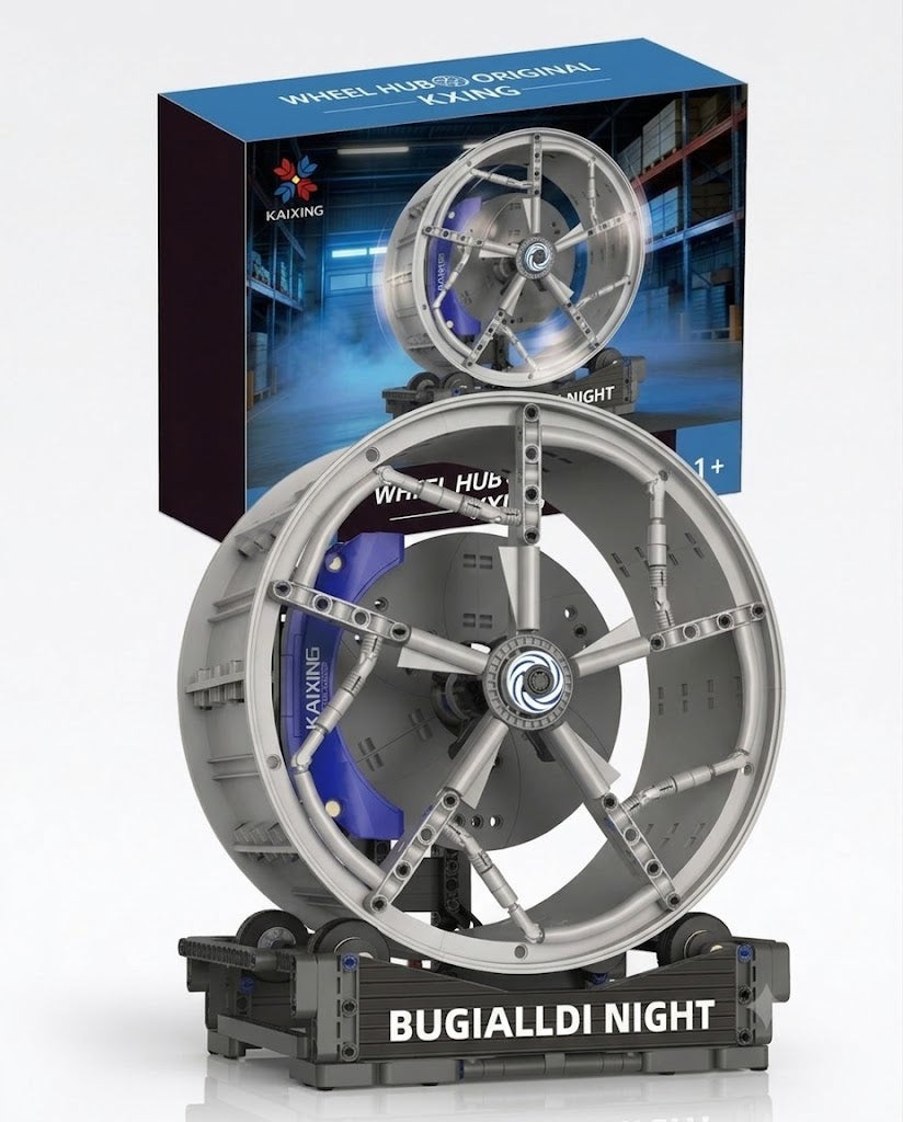 Kaixing supercar wheel hub building block model with blue brake caliper on a rolling display stand