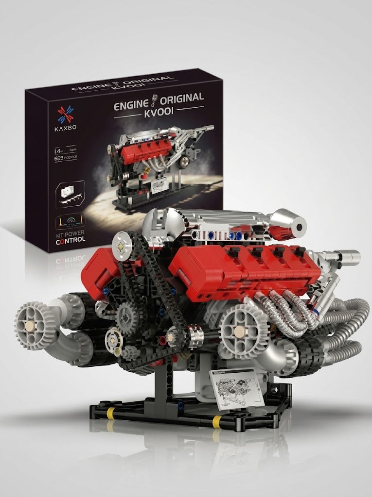 KAXBO KV001 mechanical V8 engine building block model kit with moving gears, timing chain, and display stand