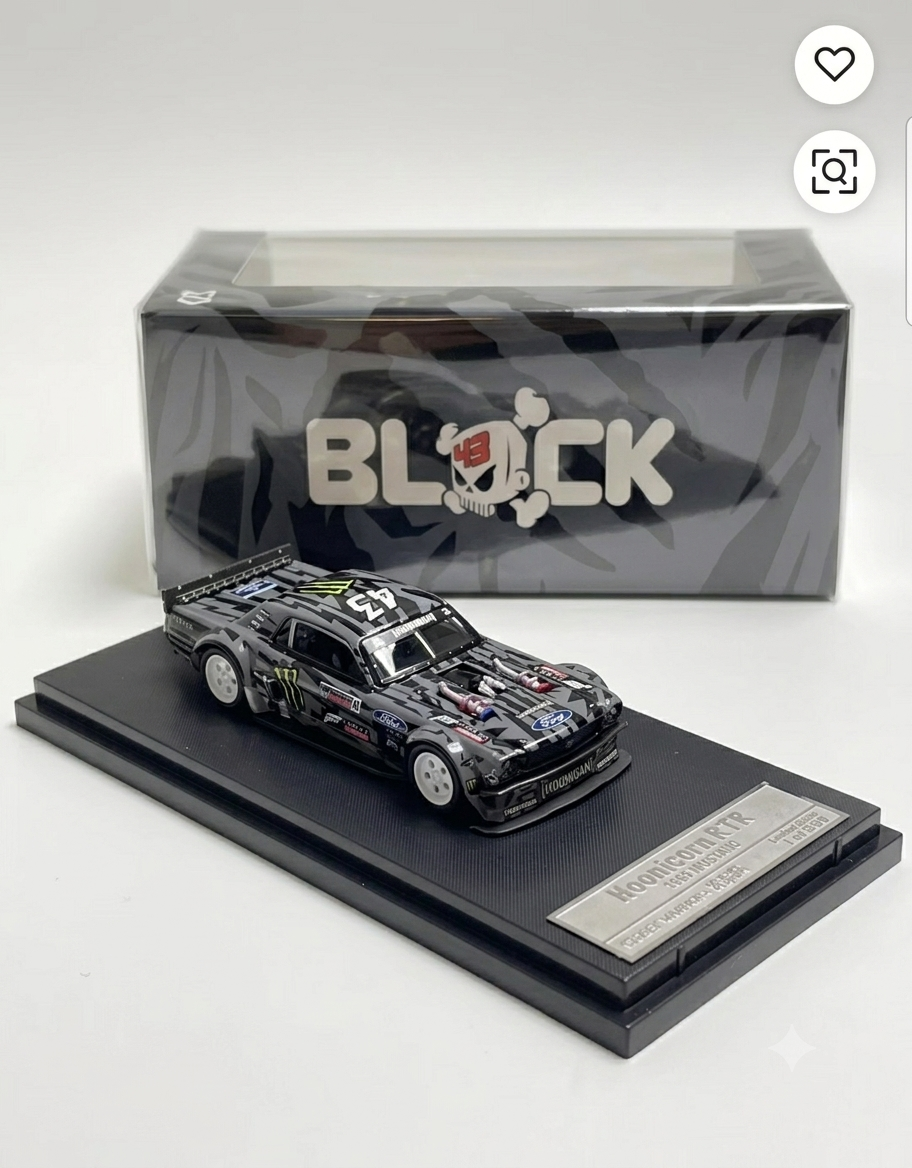 Ken Block 1965 Ford Mustang RTR Hoonicorn 1:64 scale collector diecast model car on engraved display base.
