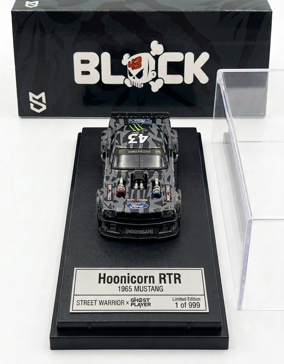 Front top angle of 1:64 scale Hoonicorn RTR 1965 Mustang diecast showing twin turbos and limited edition serial plaque.