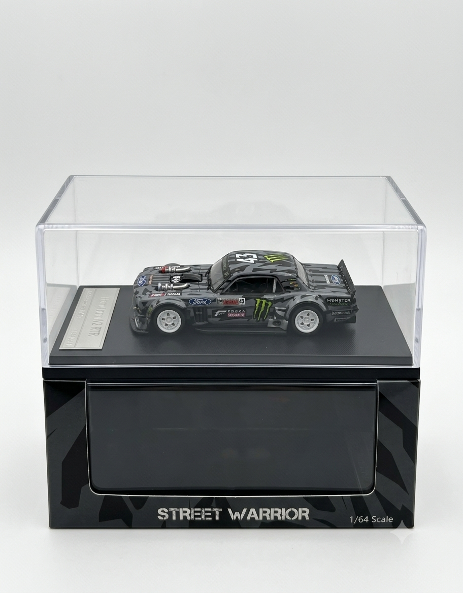 Side profile view of 1:64 Ken Block Hoonicorn Mustang diecast inside sealed acrylic case on collector box.