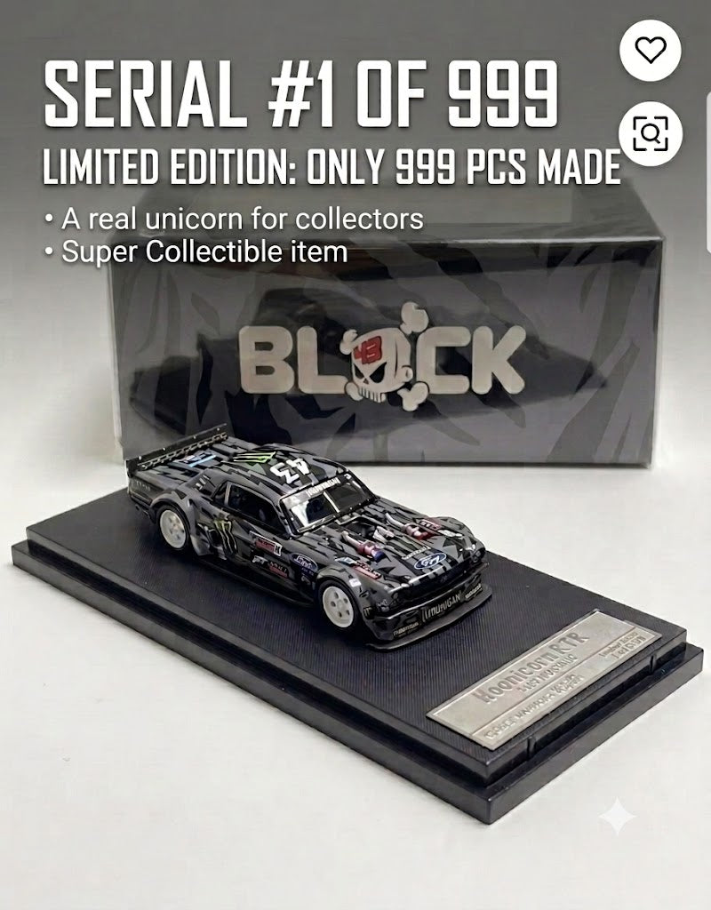 Ken Block 1965 Ford Mustang Hoonicorn V2 1:64 scale diecast car limited edition serial 1 of 999 on display stand.