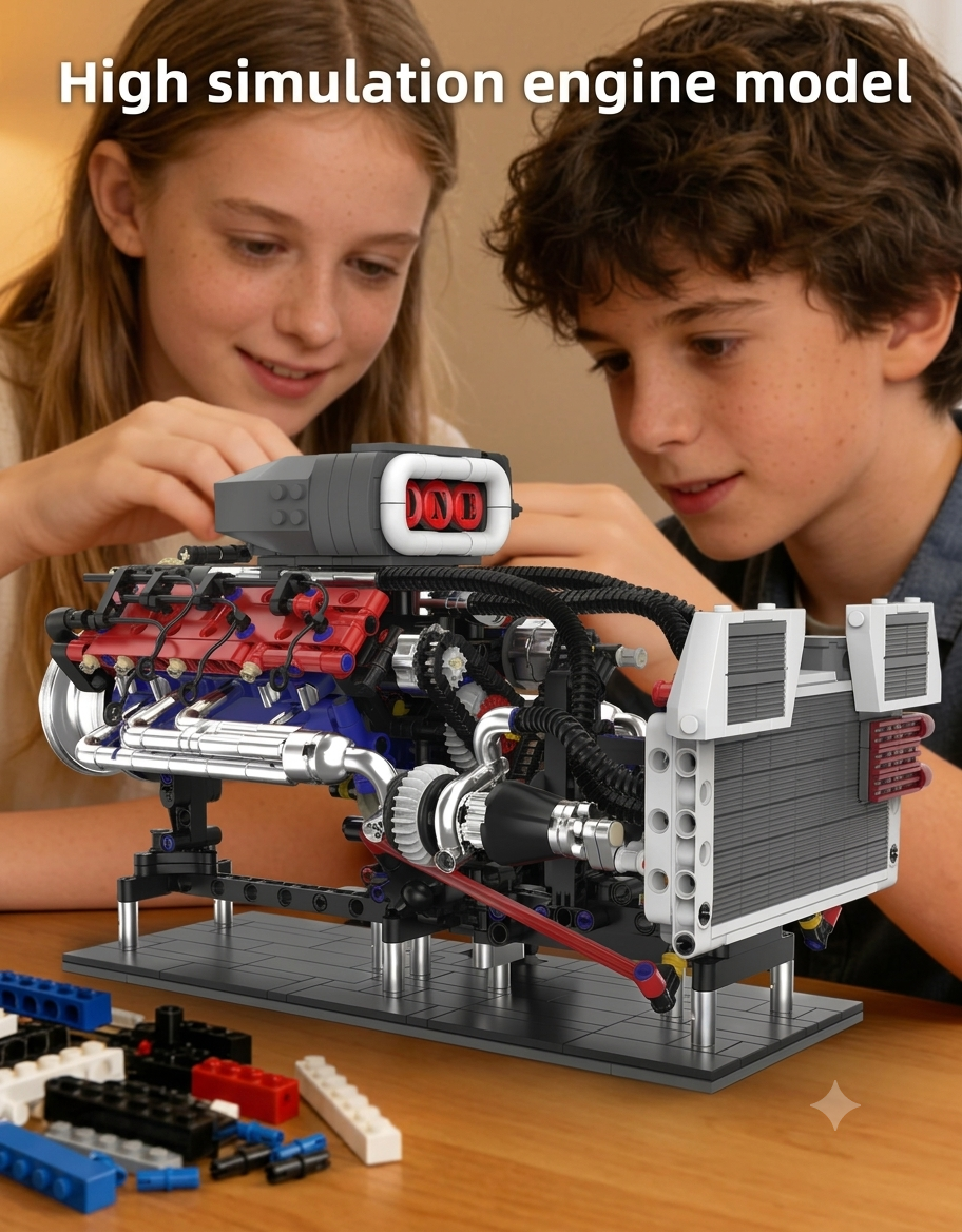 Teens assembling the mechanical supercharged V8 engine educational STEM building block set