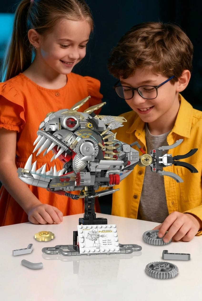 Boy and girl interacting with the completed mechanical piranha building block model displayed on a desk stand.
