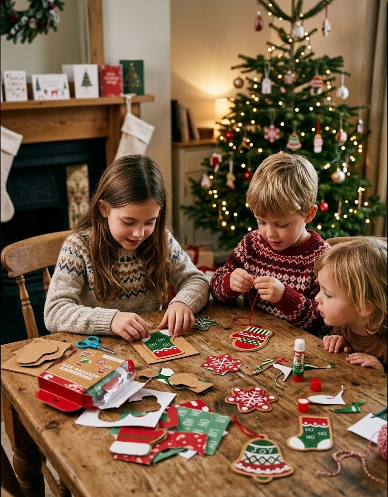 Three young children in cozy festive sweaters crafting DIY Christmas decorations from an Ornament Activity Kit at a wooden table in Beirut, Lebanon, with a glowing Christmas tree and fireplace in the background.