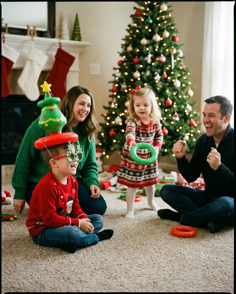 Kids playing inflatable holiday tree toss headpiece ring game in a cozy living room, fast delivery across Lebanon.