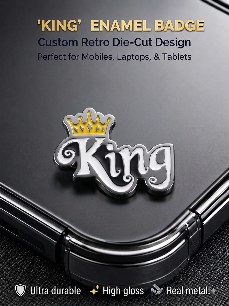King metal enamel badge sticker with a gold crown attached to the back of a black smartphone.