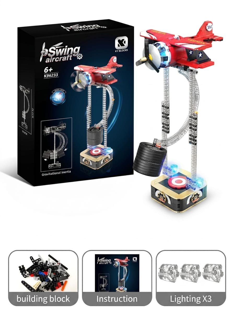 KY Blocks swinging aircraft building set packaging box with included bricks, manual, and three LED lights.
