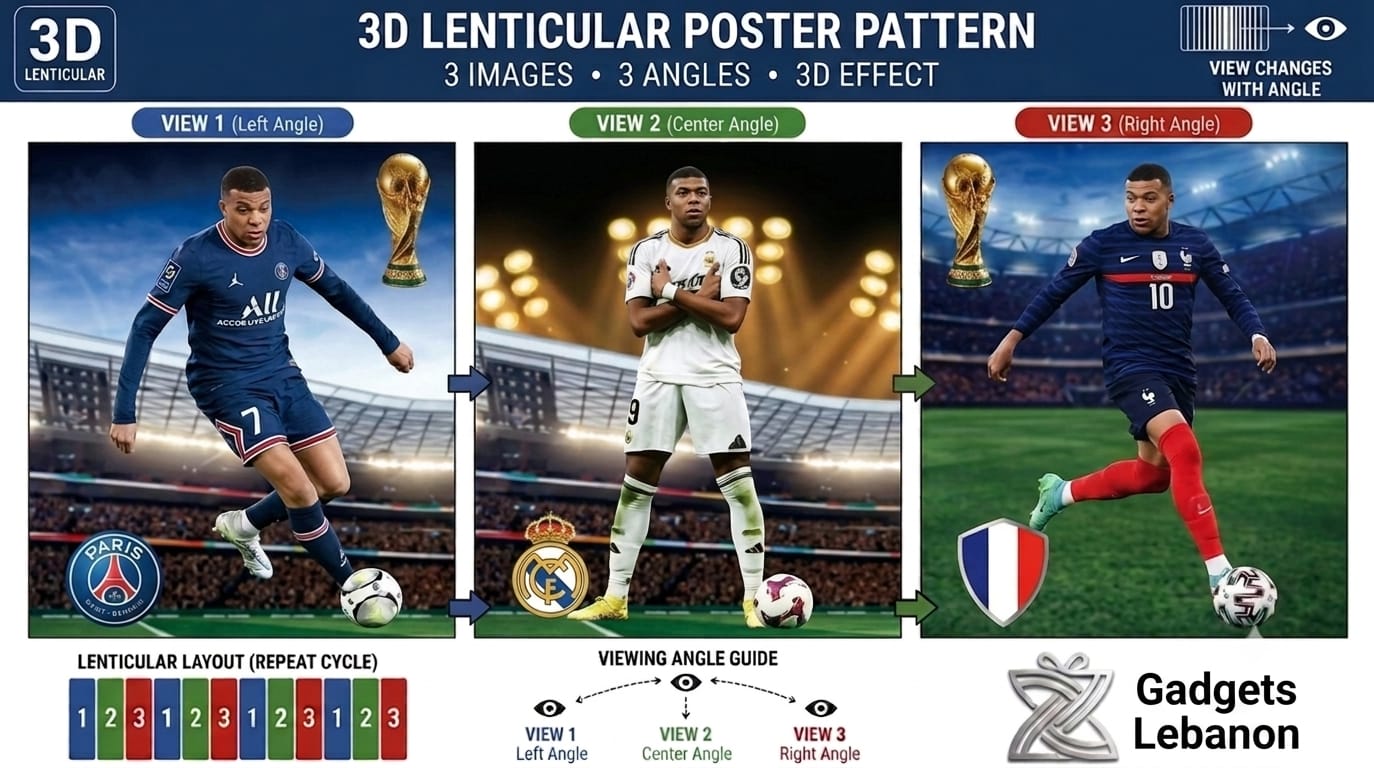 Kylian Mbappe 3D lenticular motion poster showing PSG, Real Madrid, and France kits with changing viewing angles.