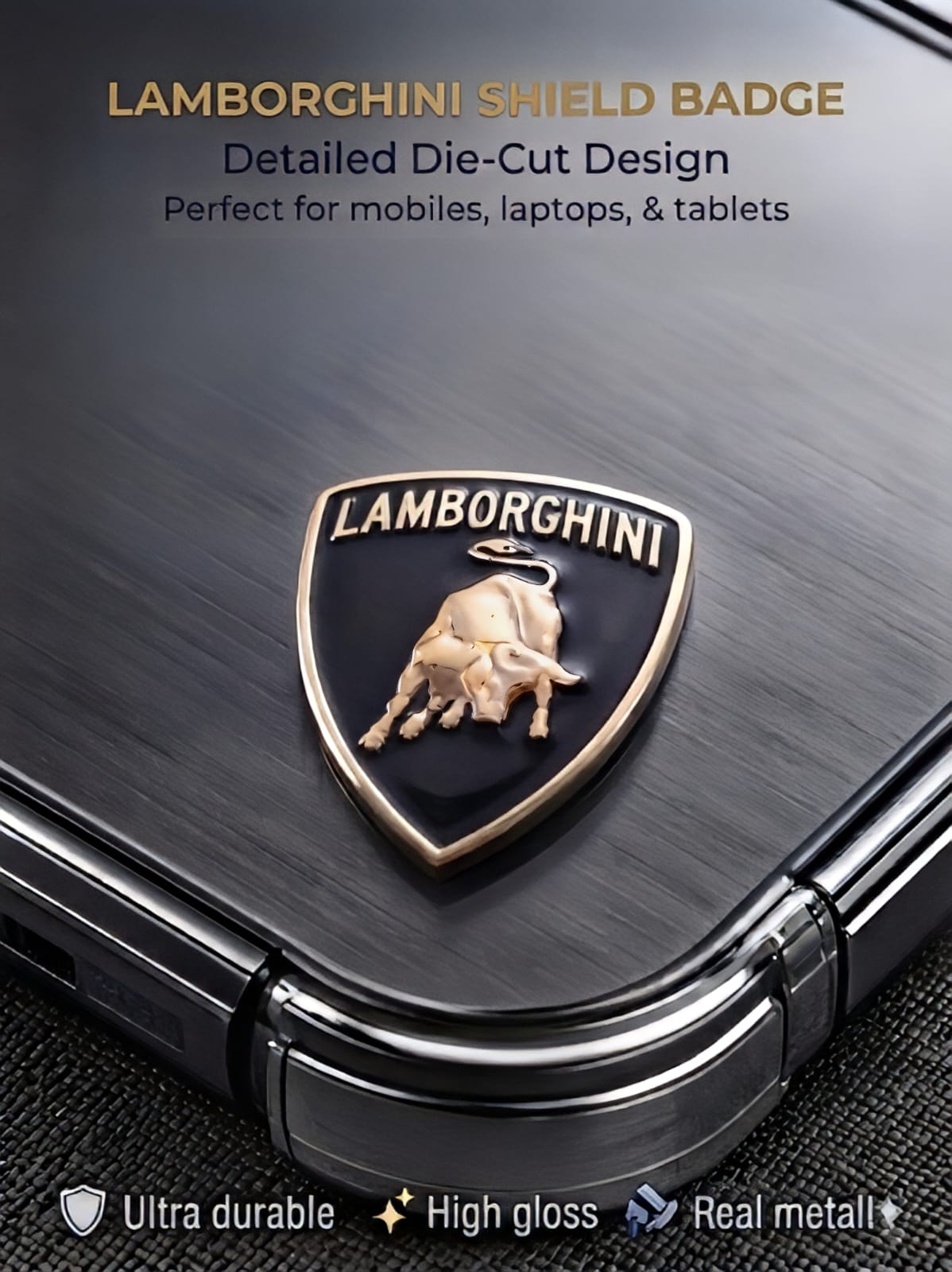 Gold and black Lamborghini shield 3D metal badge sticker applied on a mobile phone case