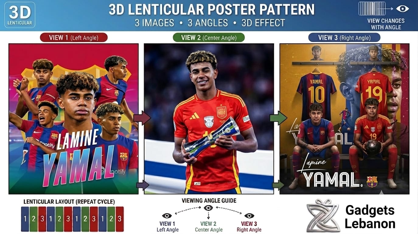 Lamine Yamal 3D lenticular poster featuring 3 changing angles and views of the football star in Barcelona and Spain kits.