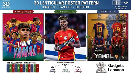 Lamine Yamal 3D lenticular poster featuring 3 changing angles and views of the football star in Barcelona and Spain kits.