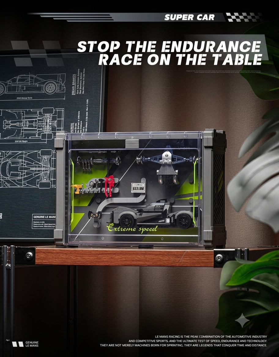 Assembled supercar brick model mounted inside a clear dustproof collector display box on a shelf.