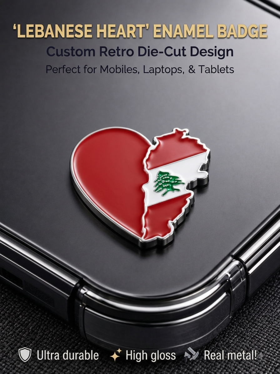 Die-cut Lebanese heart enamel badge sticker made of real metal with high-gloss Lebanon map flag on a phone case.