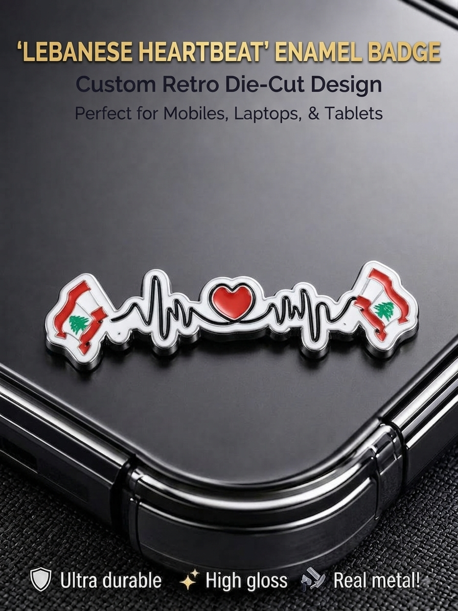 Die-cut Lebanese Heartbeat metal enamel badge featuring Lebanon map flag outlines and heartbeat pulse line on a smartphone