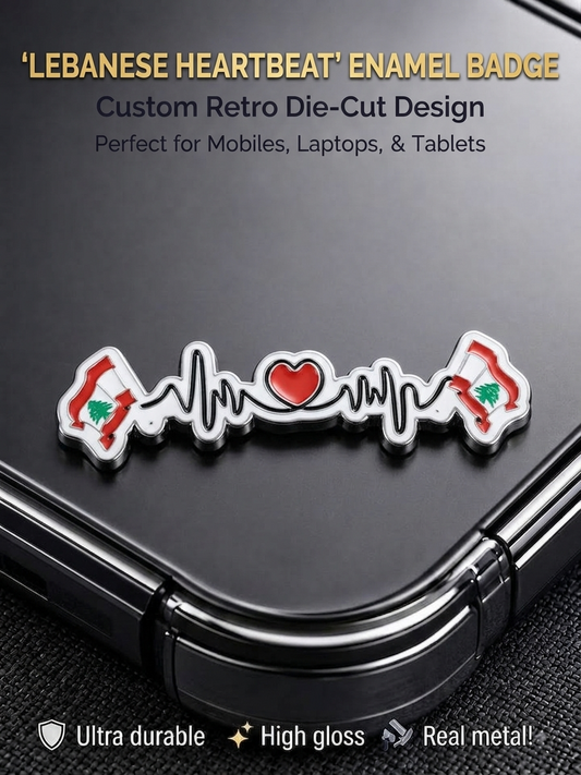 Die-cut Lebanese Heartbeat metal enamel badge featuring Lebanon map flag outlines and heartbeat pulse line on a smartphone