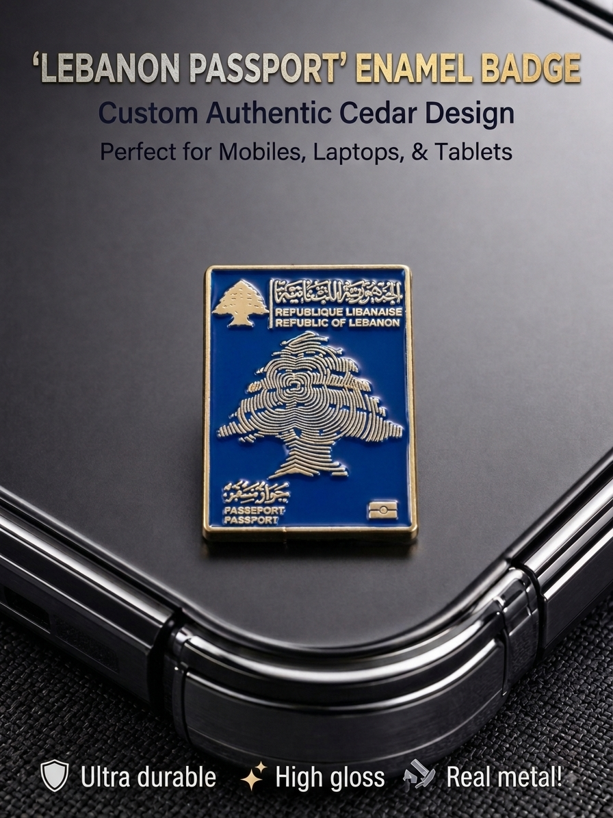 Lebanese passport real metal enamel sticker badge with gold cedar design adhered to the back of a smartphone
