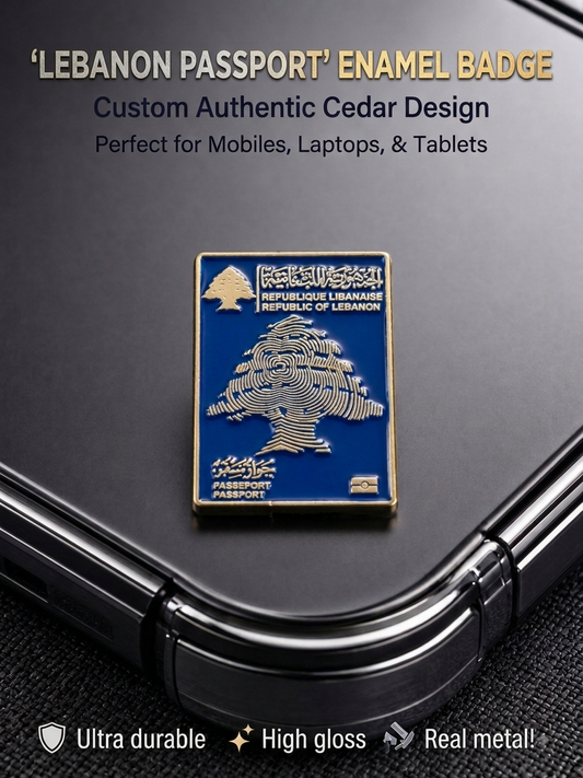 Lebanese passport real metal enamel sticker badge with gold cedar design adhered to the back of a smartphone