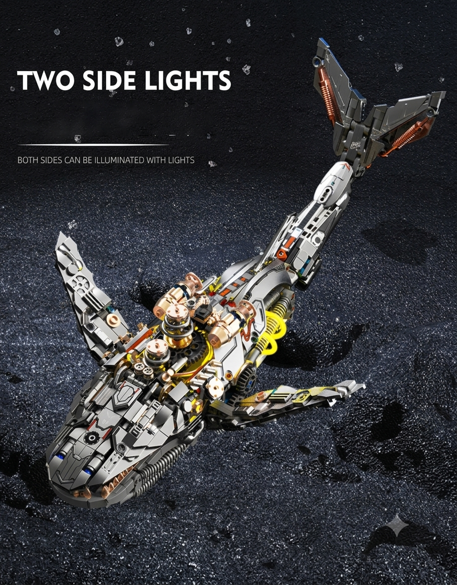 Overhead view of the assembled mechanical whale model kit featuring dual illuminated side lights and steampunk metallic gears.