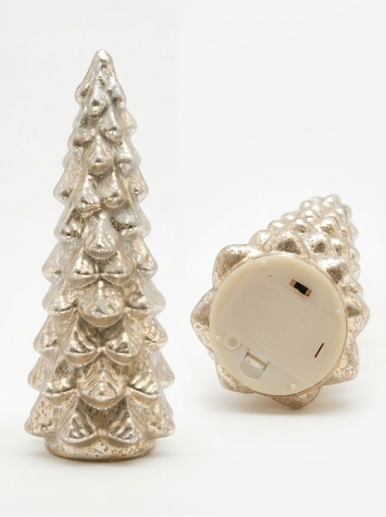 Antique champagne mercury-look lighted tabletop Christmas tree made of durable shatterproof plastic, showing upright view and base with battery compartment and on-off switch.