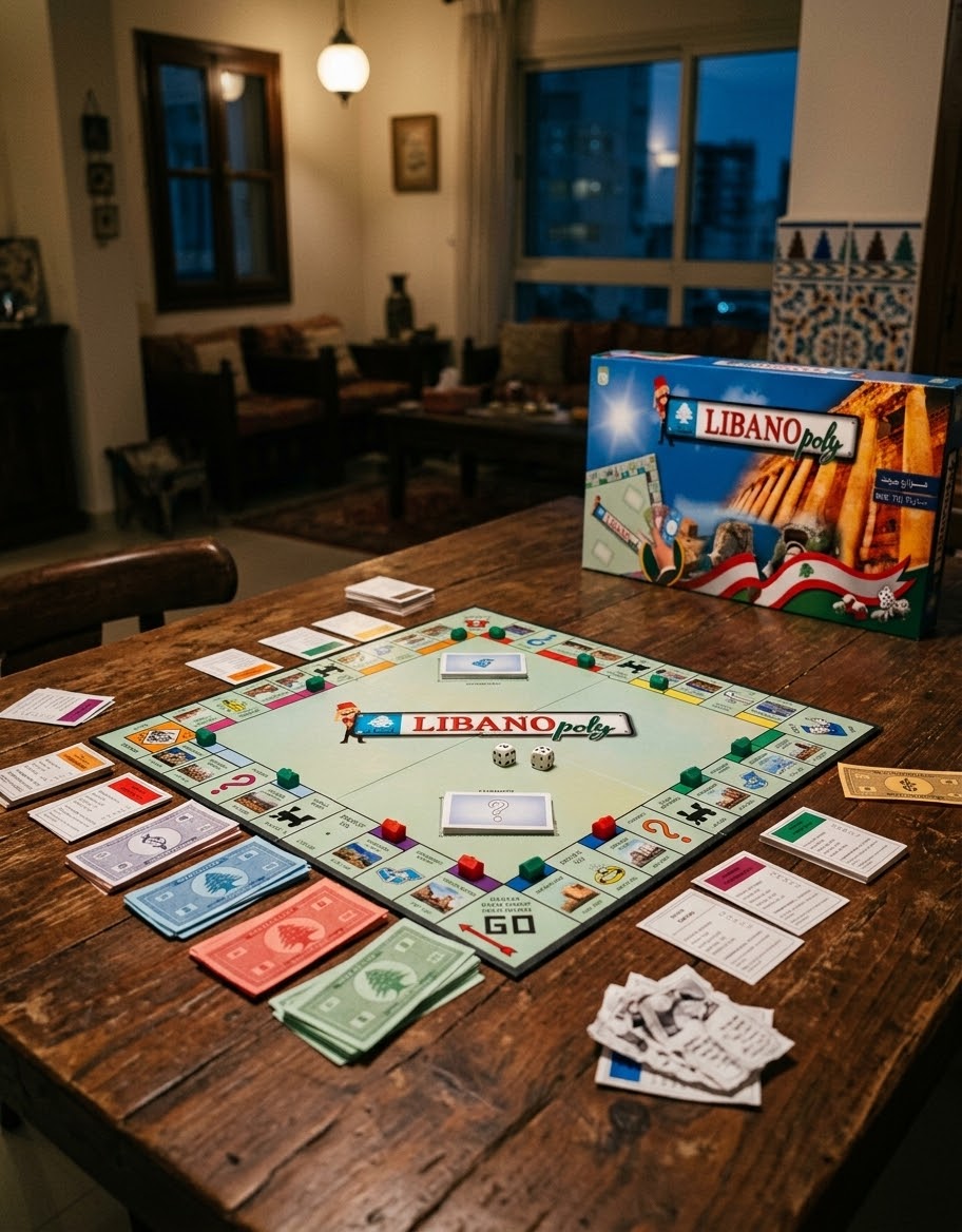 Libanopoly board game setup on a wooden dining table with cards, money, and box packaging, available at Gadgets Lebanon in Beirut.