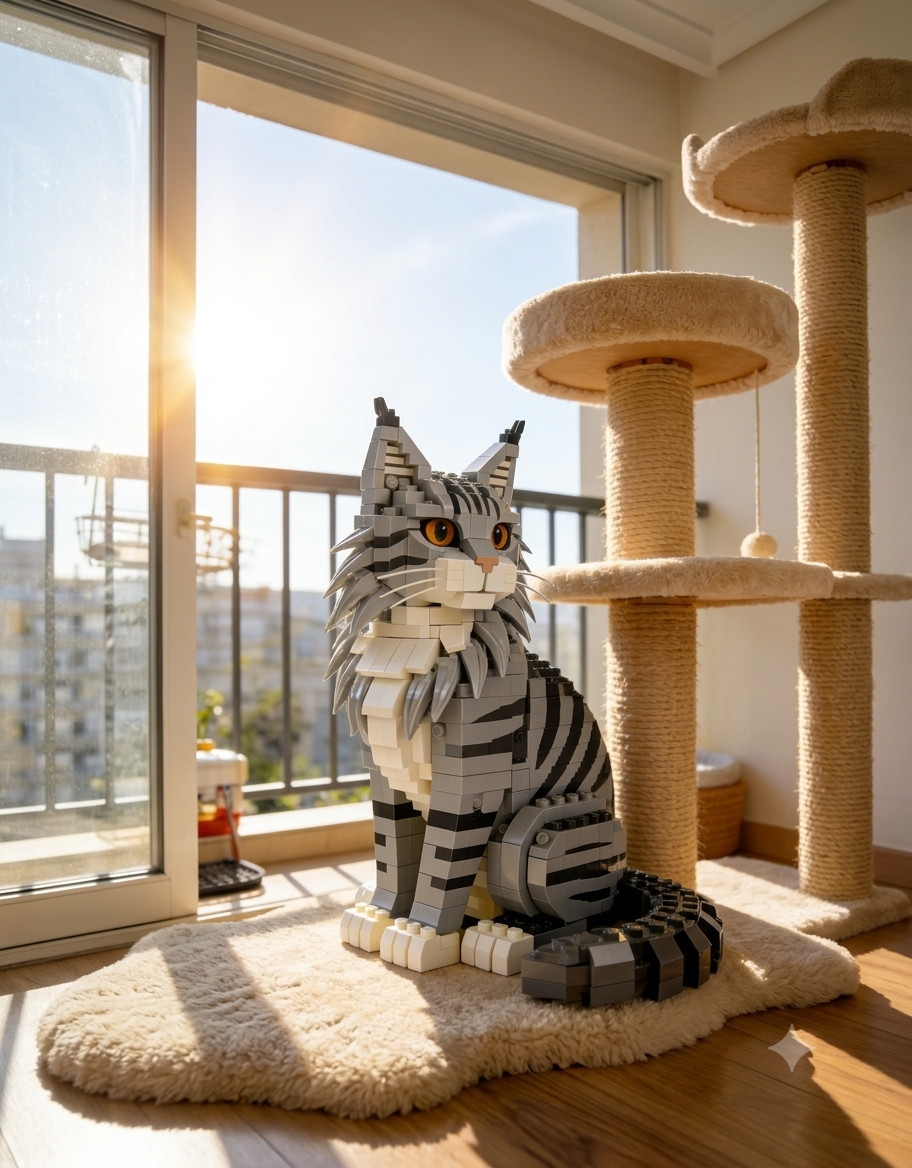 Completed Maine Coon cat block model resting on a rug beside a sisal cat scratching tree in bright sunlight.
