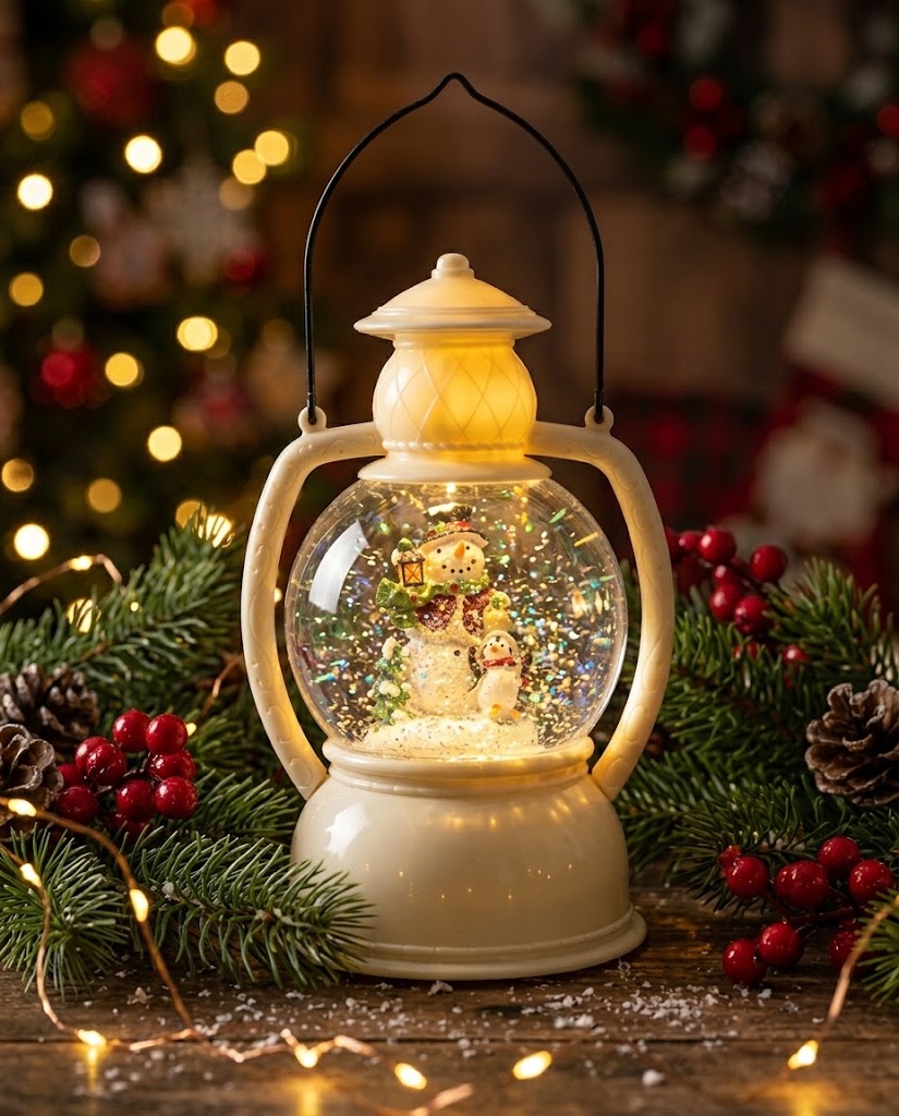 Light-up swirling glitter water snow globe lantern with warm LED glow on rustic wooden Christmas tabletop display.