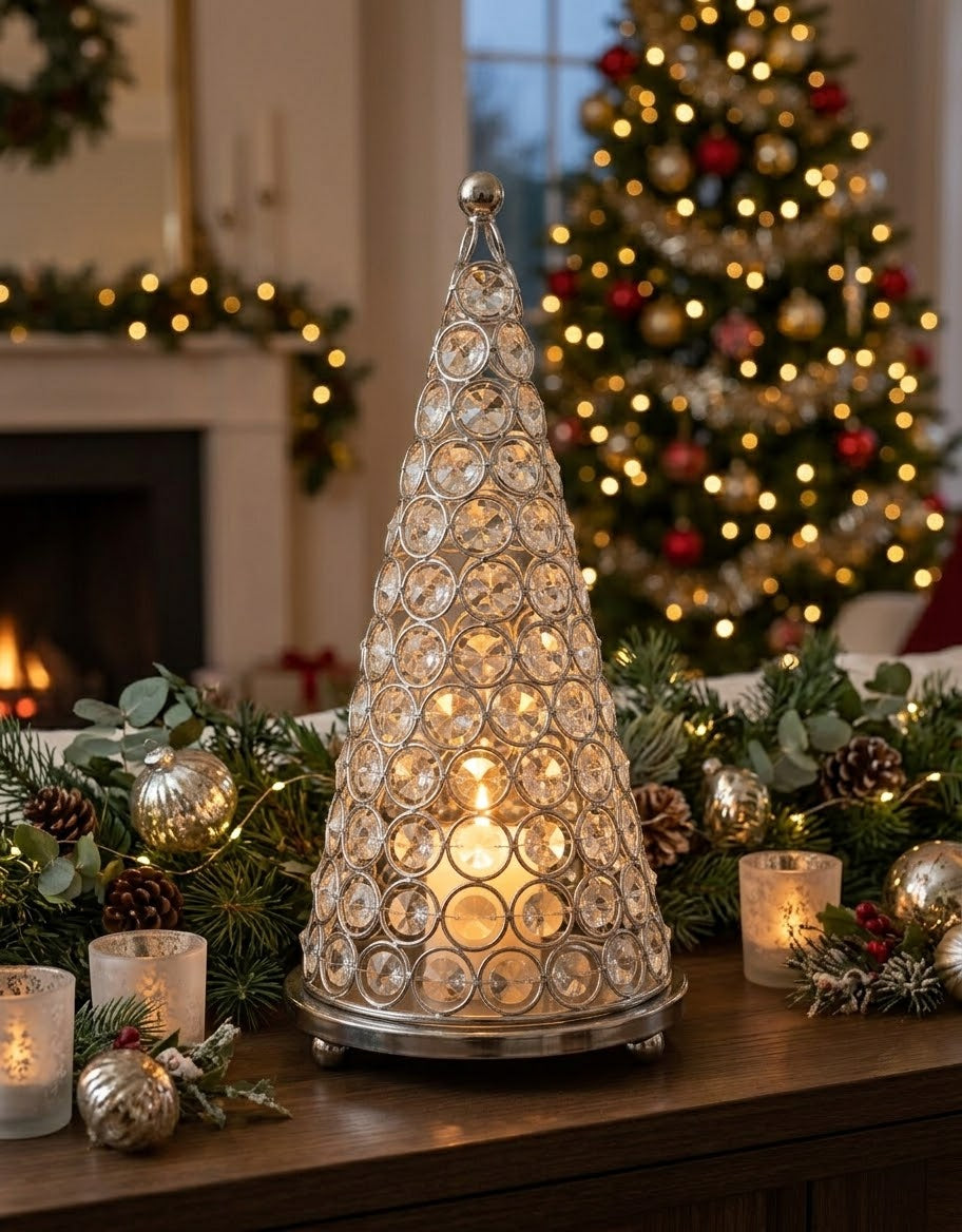 Illuminated crystal cone Christmas tree lantern with a glowing pillar candle inside, styled with pine garlands on a holiday dining table.