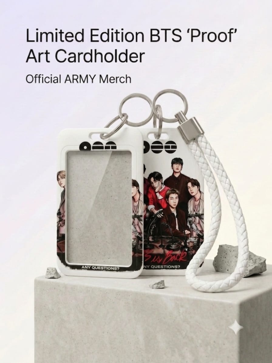 Limited Edition BTS Proof Art Cardholder featuring a white braided lanyard, BTS logo, and a group illustration of the members from the Proof era sitting at microphones