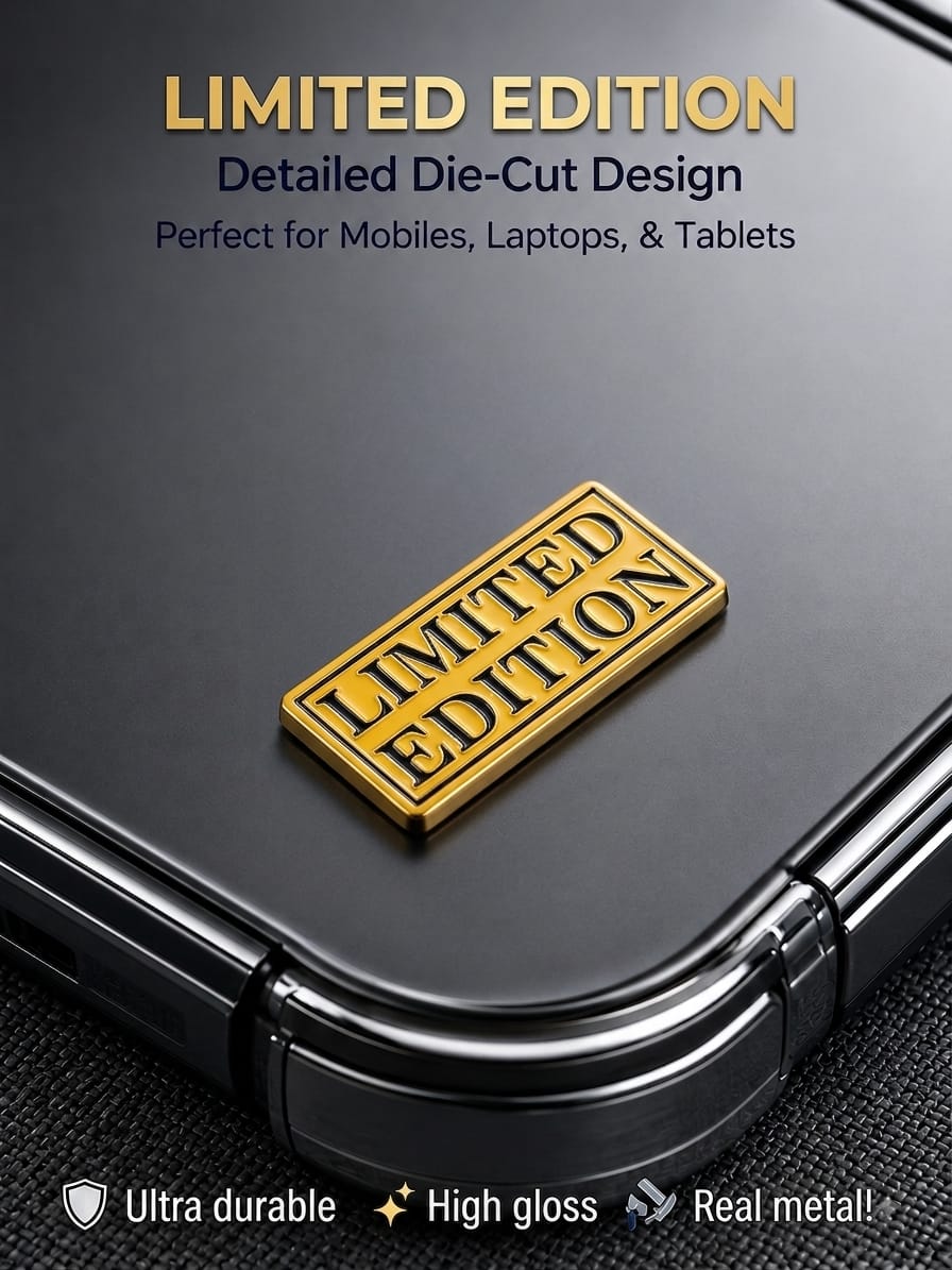 Gold and black 3D metal Limited Edition enamel sticker badge attached to a sleek black phone case.