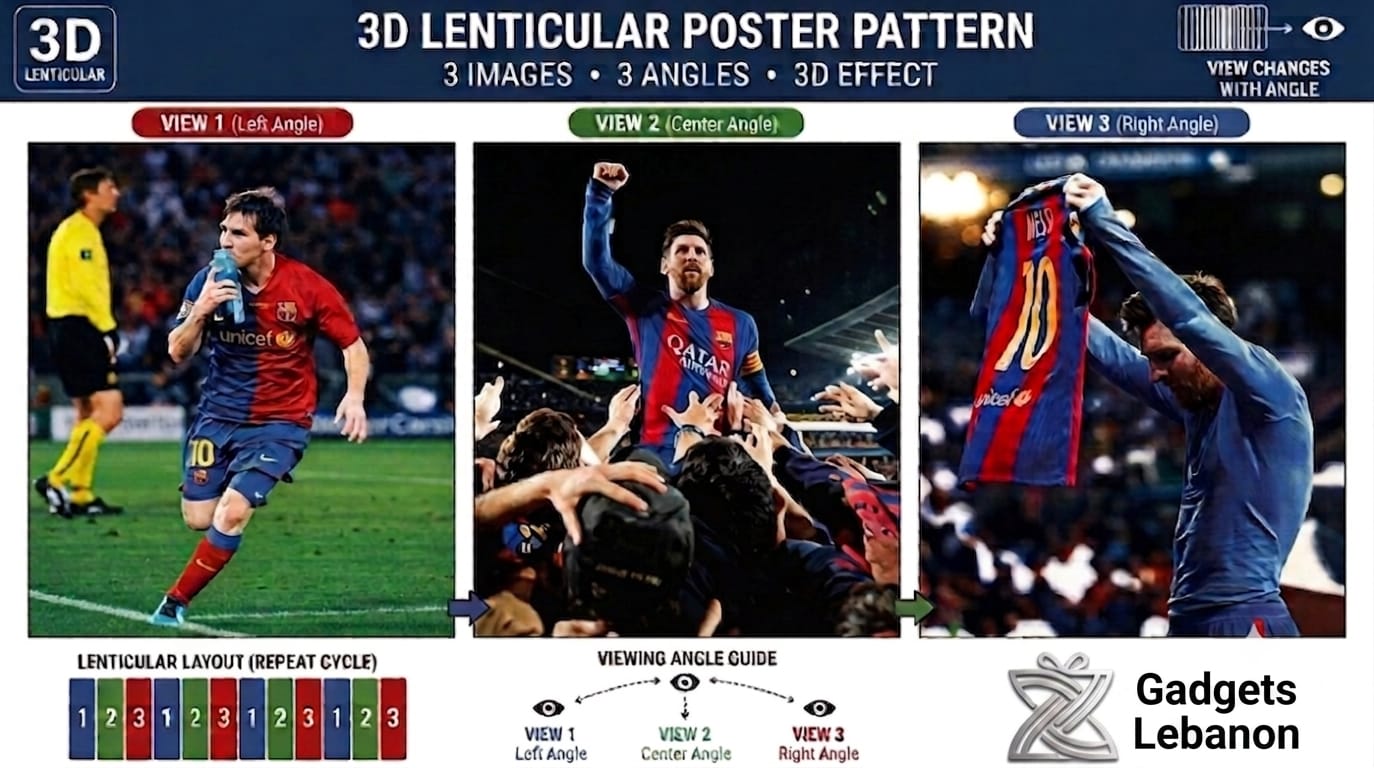 Lionel Messi 3D lenticular poster featuring 3 changing action views of FC Barcelona, including his iconic jersey celebration wall art.