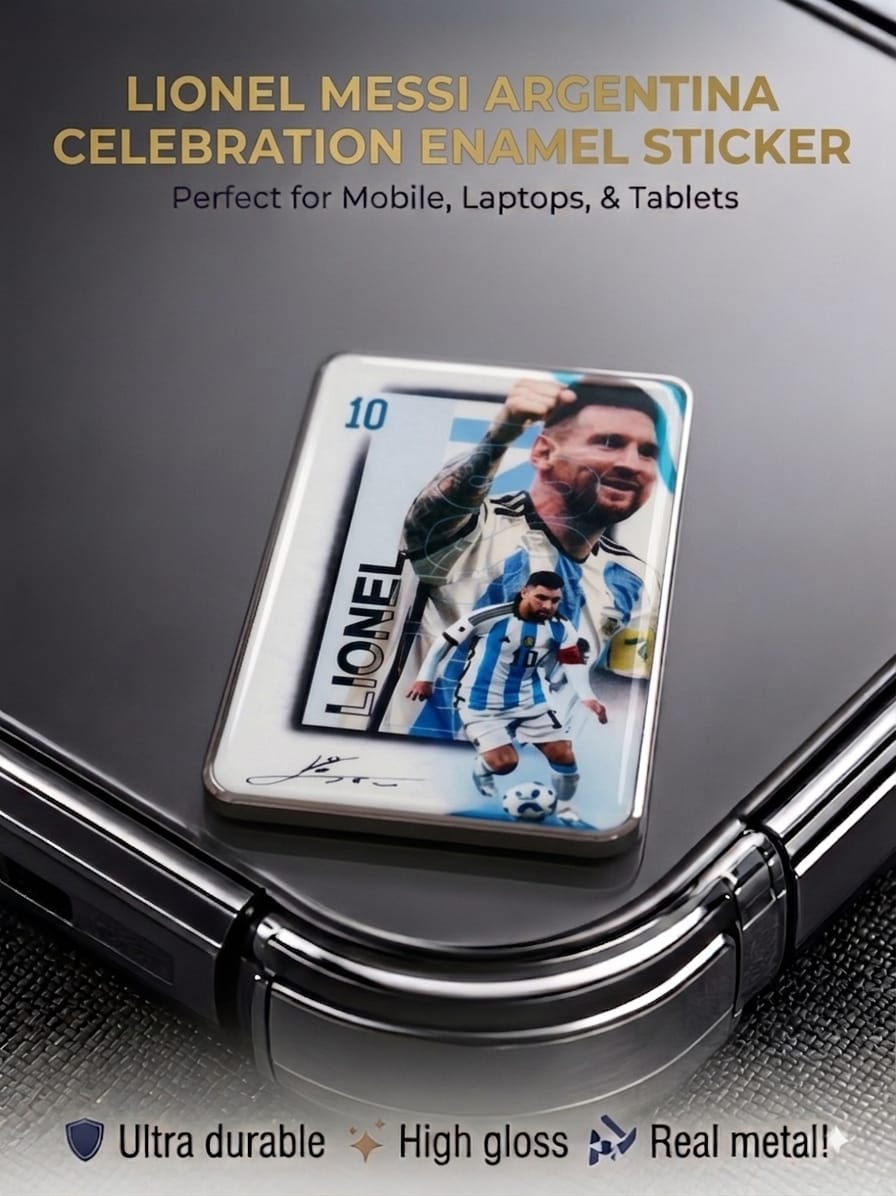Lionel Messi Argentina #10 celebration high-gloss metal enamel sticker applied to the back of a smartphone.