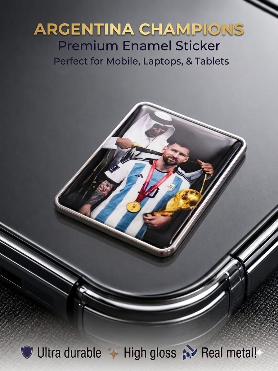 Lionel Messi Argentina World Cup Champions glossy metal enamel sticker on the back of a mobile phone
