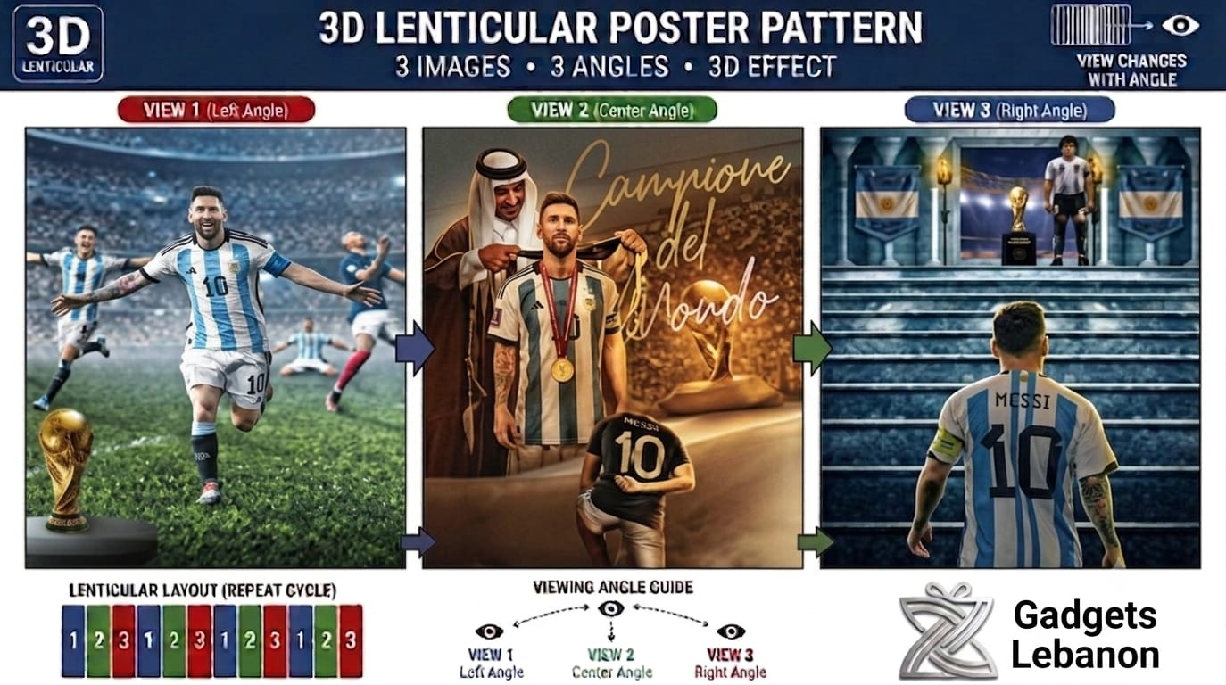 Lionel Messi 3D lenticular poster featuring three changing angles of his Argentina World Cup victory, including celebration, the bisht ceremony, and stadium view.