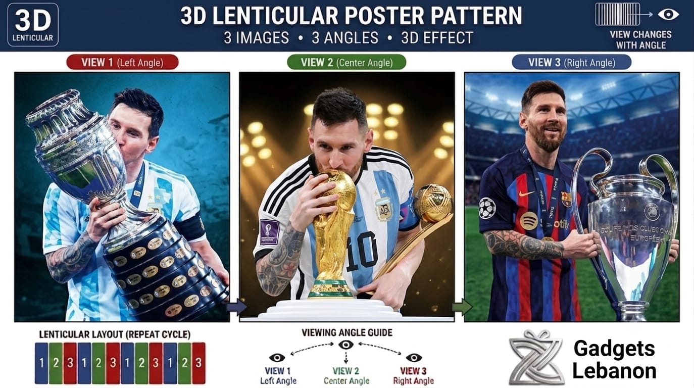 Lionel Messi 3D lenticular poster featuring three changing angles of him celebrating with the Copa America, World Cup, and UEFA Champions League trophies.