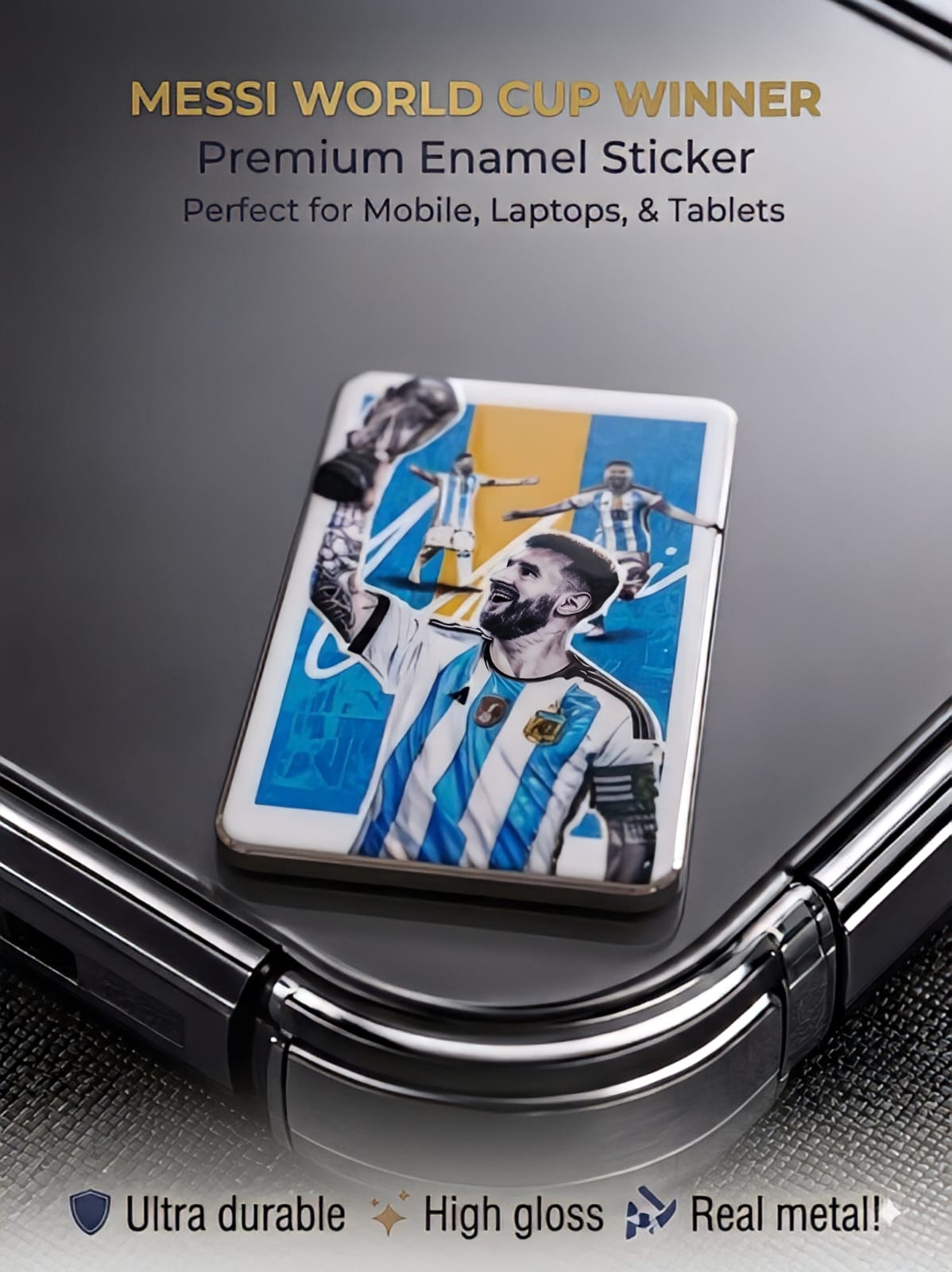 Lionel Messi Argentina World Cup champion high-gloss enamel metal sticker on a black phone case