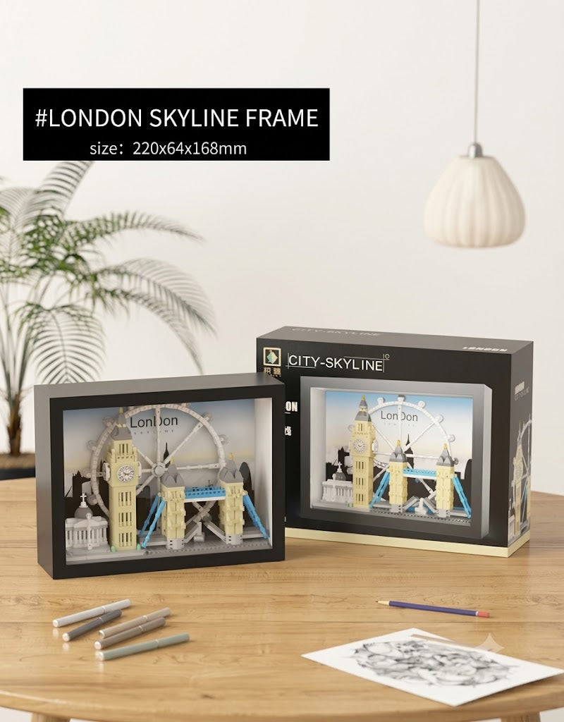 London skyline building block shadow box displayed on a wooden desk with dimensions measuring 220x64x168mm.