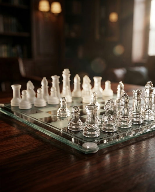 Luxury glass chess set featuring clear and frosted glass pieces on a beveled glass chessboard over a dark wooden table.