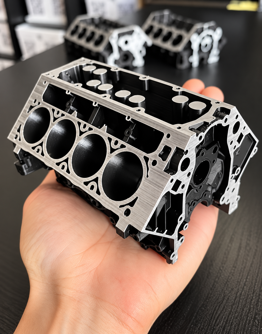 Handheld view of detailed black and brushed silver miniature V8 engine block showing scale and precision automotive finish.