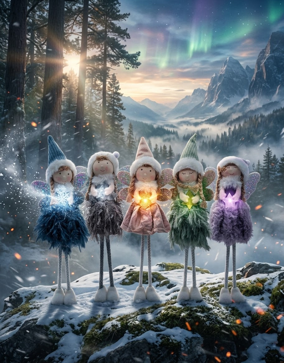 Cinematic winter wonderland display featuring five glowing pastel Christmas fairy figurines standing on a snowy mountain ledge beneath the northern lights.