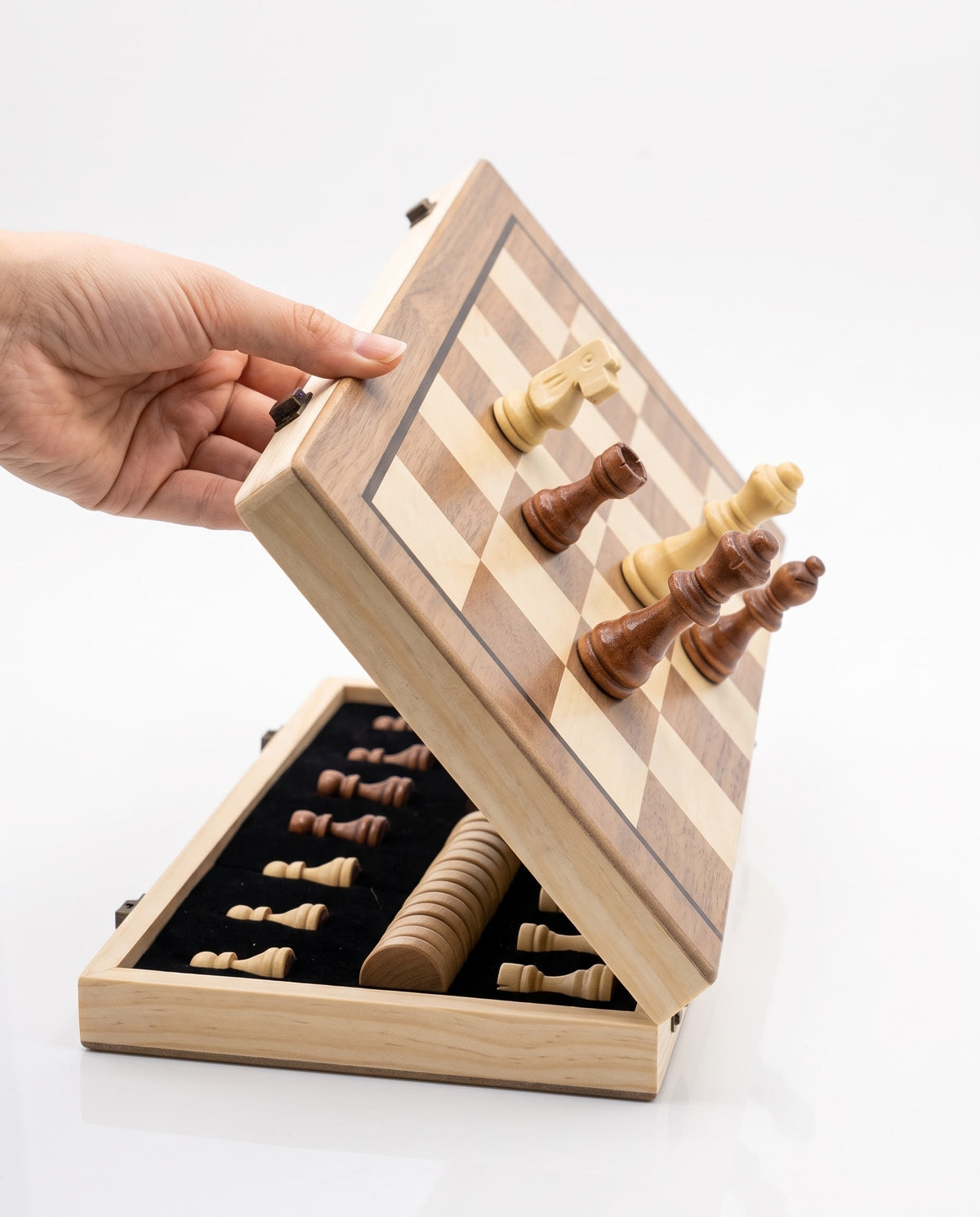 Strong magnetic wooden chess and checkers board tilt-proof demonstration with interior felt slots, fast home delivery with cash on delivery in Lebanon.