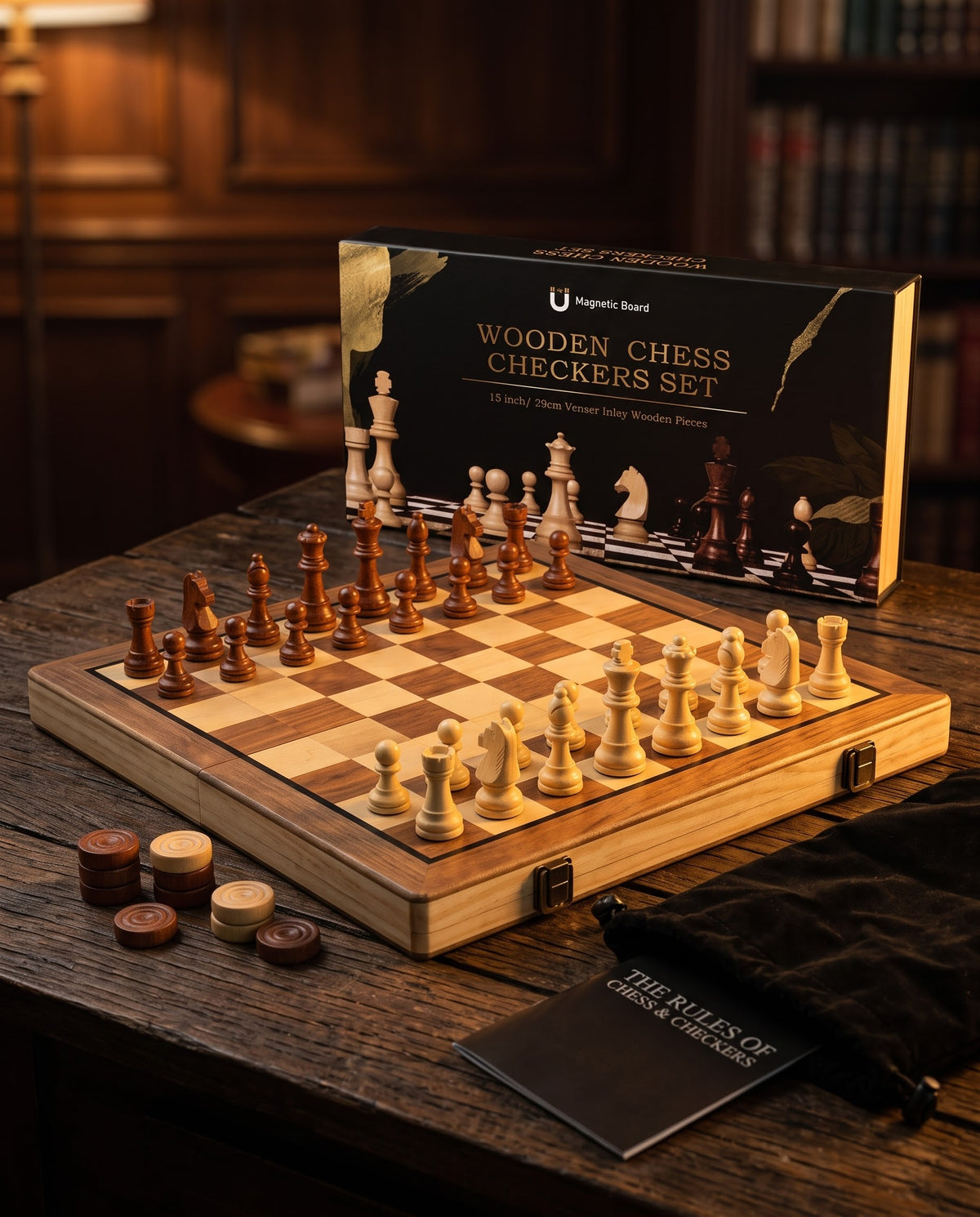 Luxury 15-inch magnetic wooden chess and checkers set with storage box and pieces, buy online in Lebanon with cash on delivery and Whish Money.