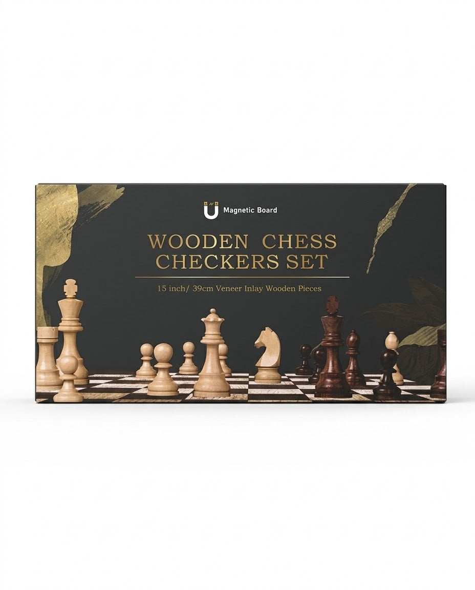 Official packaging gift box for 15-inch magnetic wooden chess and checkers set, available for fast shipping across Beirut and all Lebanon.