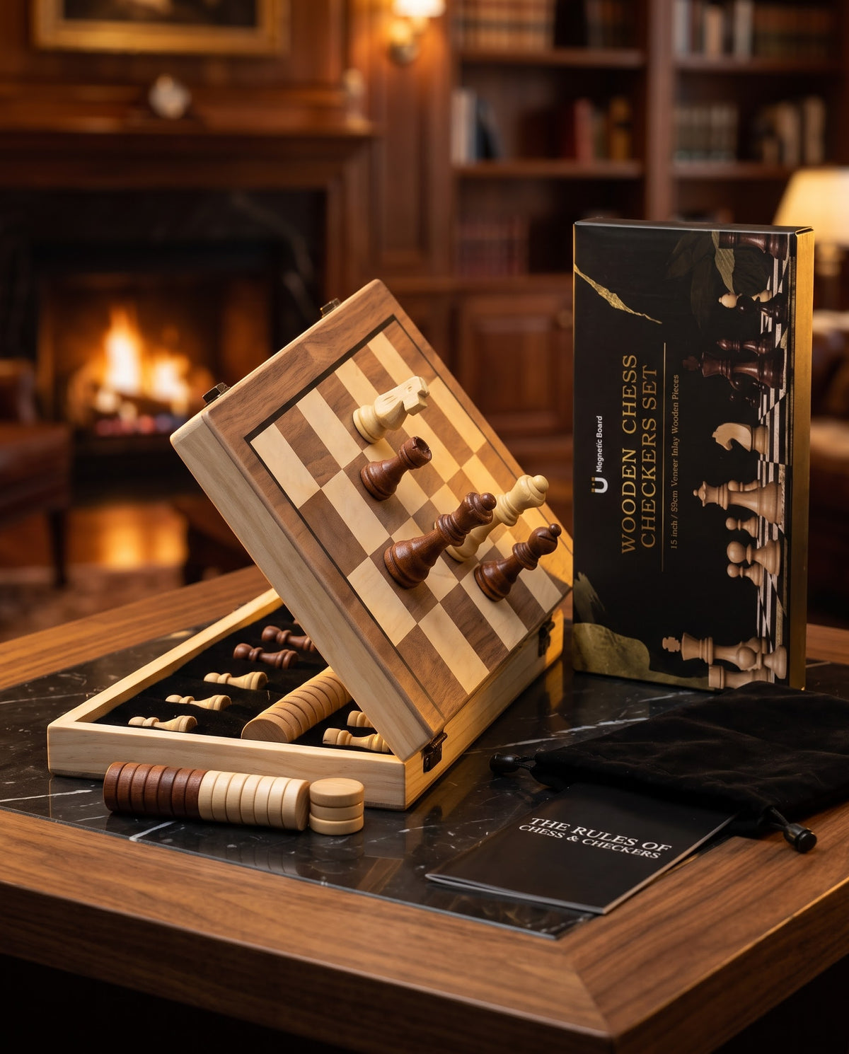 Premium magnetic wooden chess and checkers gift set in an elegant living room setting, order online from Gadgets Lebanon with local delivery.