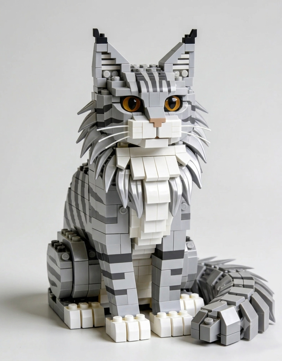 Assembled gray tabby Maine Coon cat building brick sculpture with bushy tail on a plain white studio background.