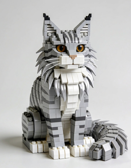 Assembled gray tabby Maine Coon cat building brick sculpture with bushy tail on a plain white studio background.