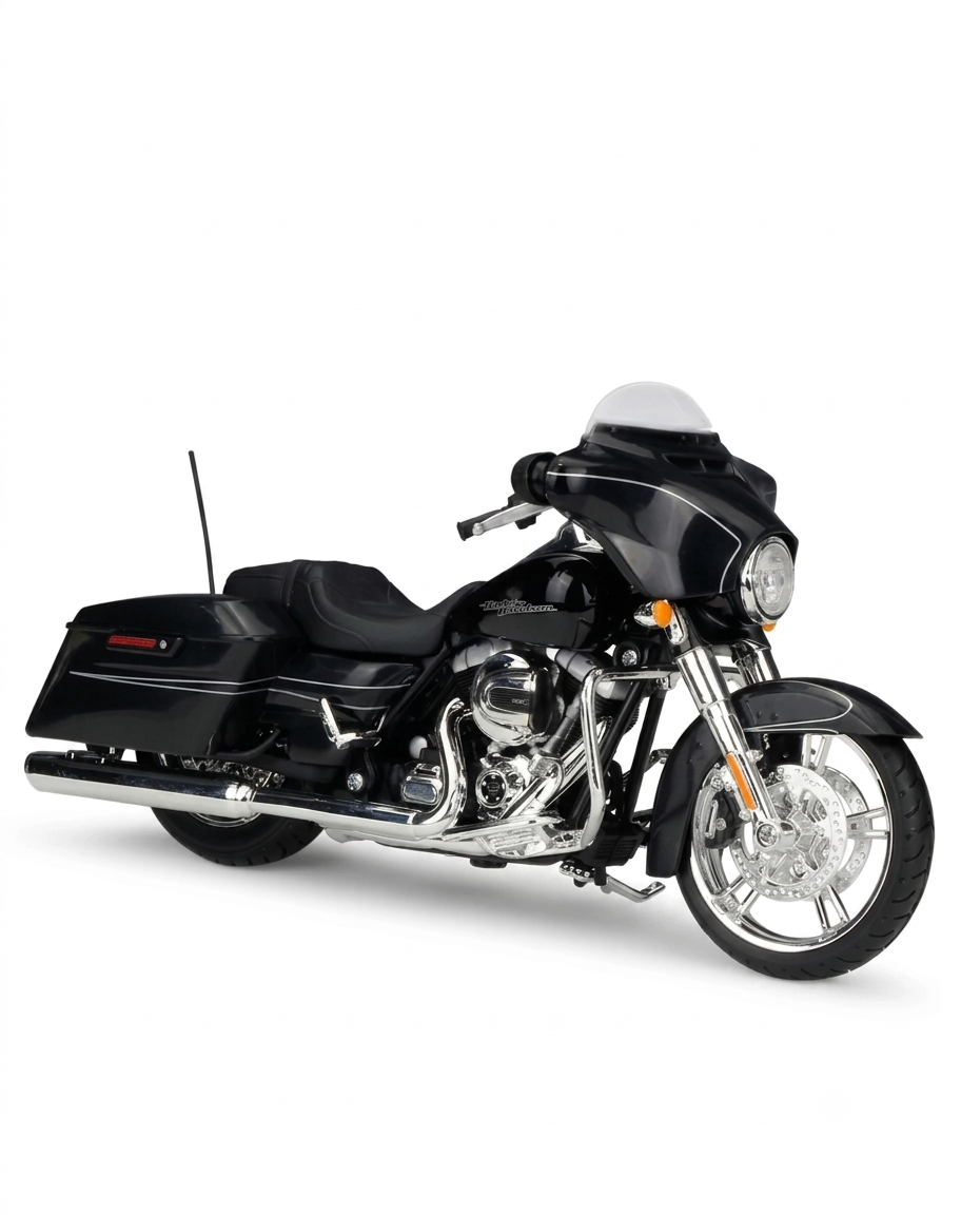 1:12 scale Maisto 2015 Harley-Davidson Street Glide Special alloy diecast motorcycle model in gloss black, front three-quarter view.