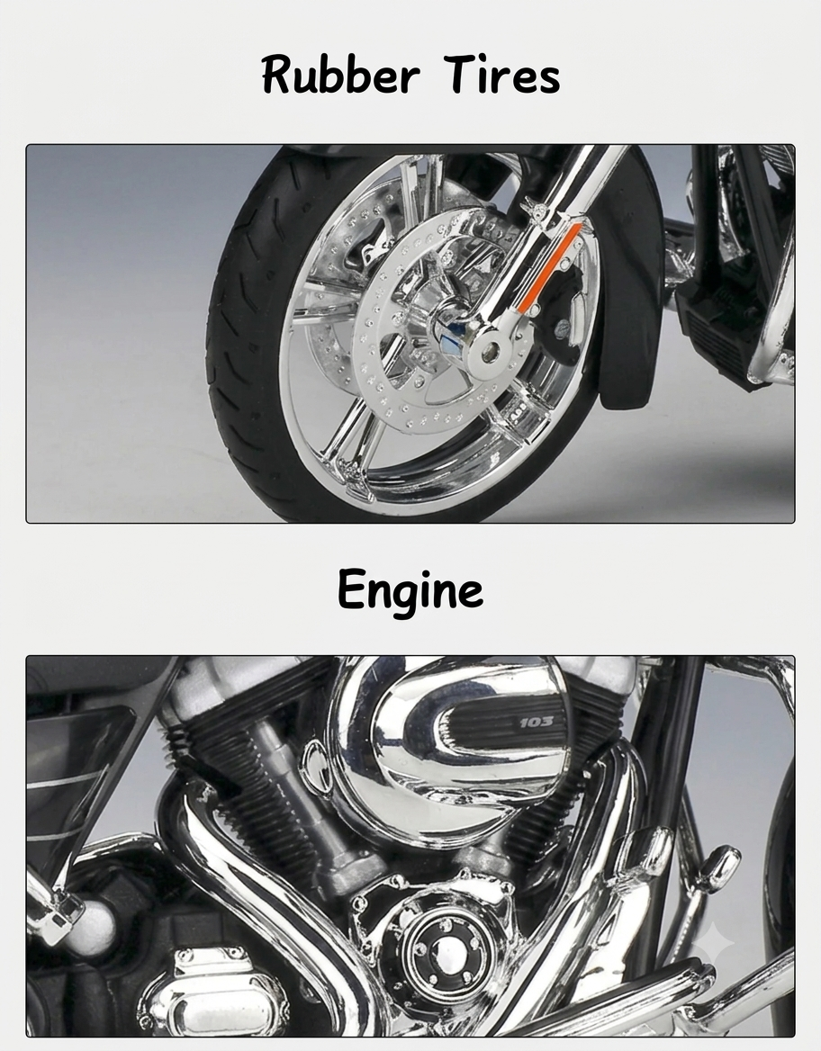 Close-up details of chrome front wheel, rubber tire, and 103 engine on Maisto 1:12 scale 2015 Harley-Davidson Street Glide Special diecast model.
