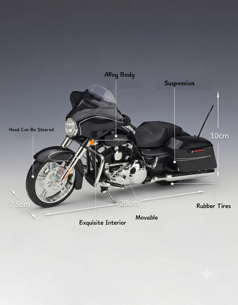 Size chart and feature breakdown for 1:12 scale Harley-Davidson Street Glide Special model highlighting 20cm length, alloy body, and steerable front wheel.
